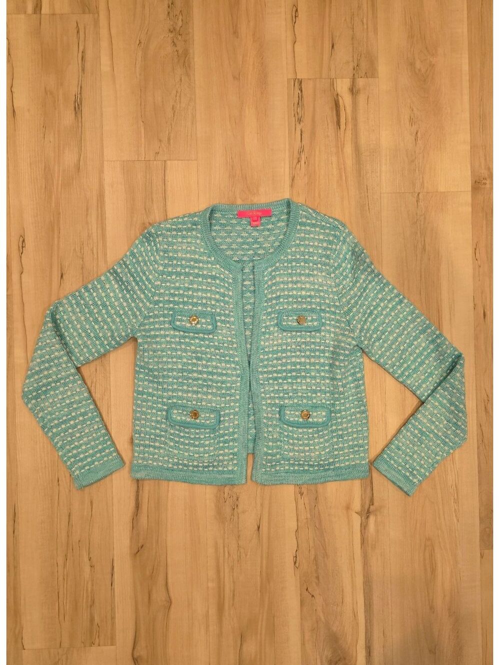 Lilly Pulitzer Women's Medium Aqua and White Knit Cardigan Sweater